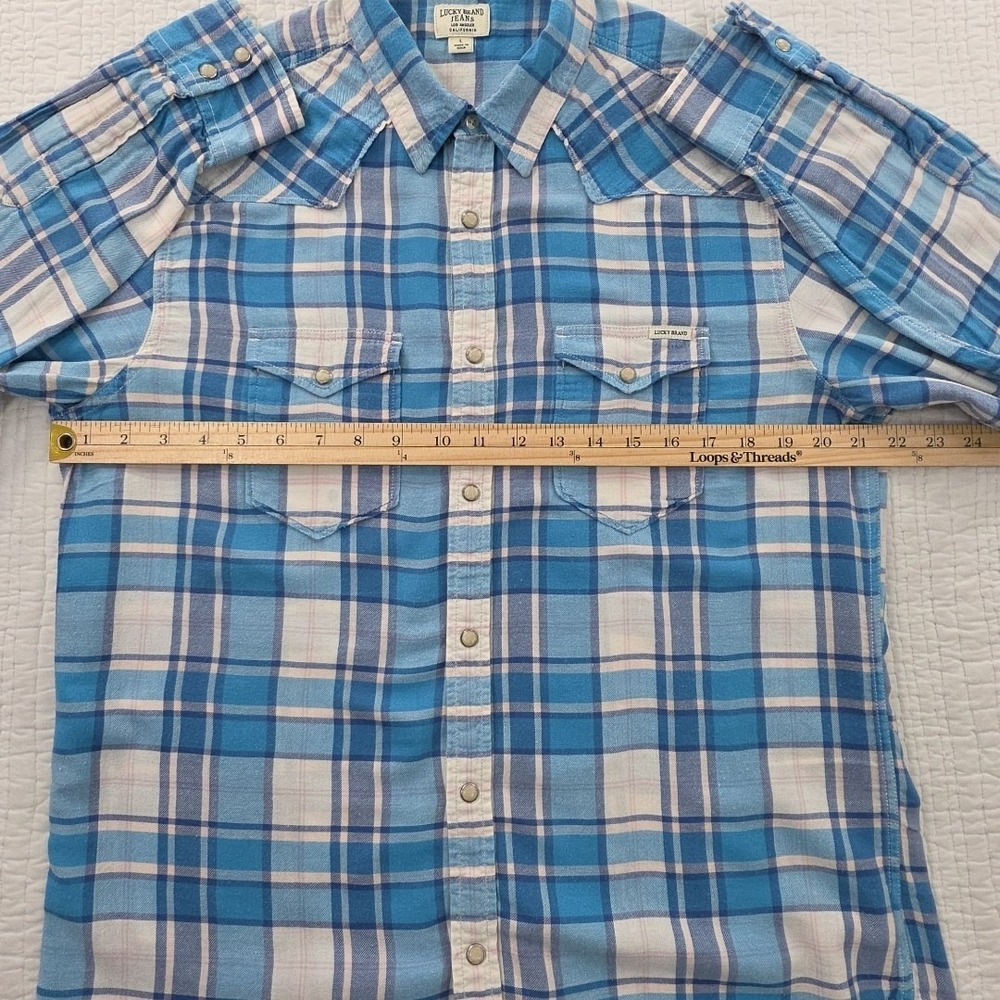 Lucky Brand Button Up Blouse Women's L Blue White Plaid Long Sleeve Pearl Snap - Picture 10 of 16